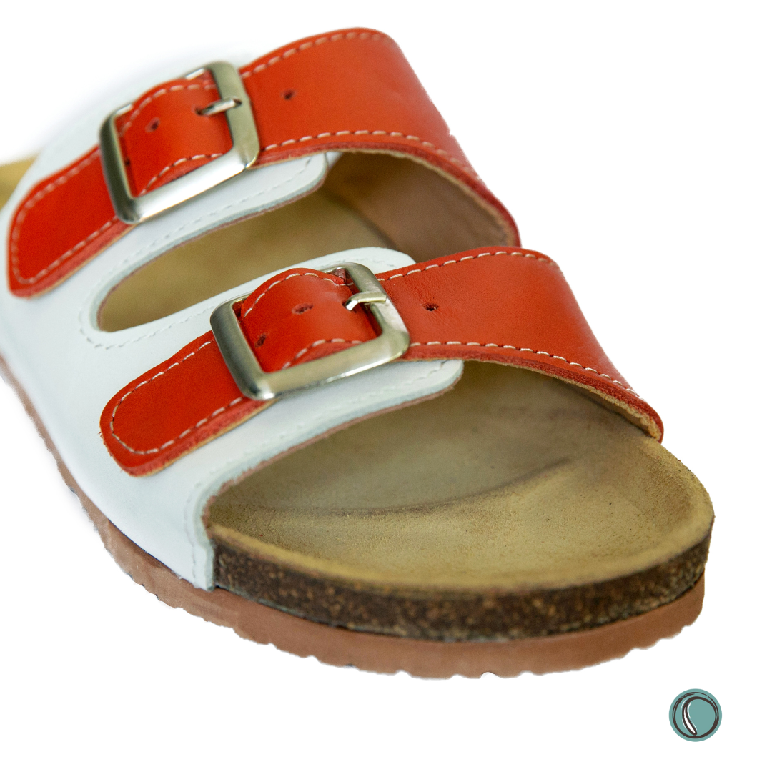 Kenton Sandals | Orange & White | Slip-On | Leather, Cork, Buckles | Adjustable Straps | MADE TO ORDER