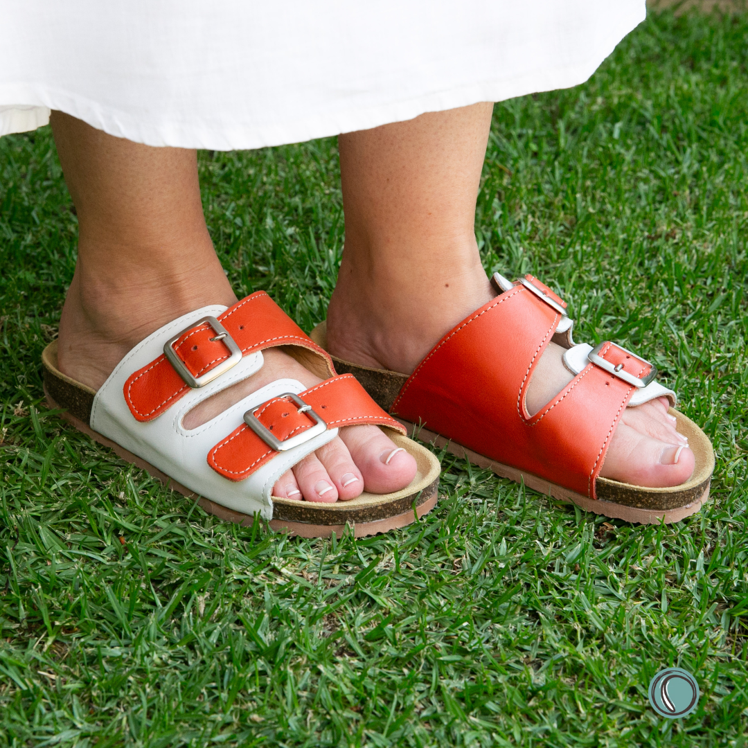 Kenton Sandals | Orange & White | Slip-On | Leather, Cork, Buckles | Adjustable Straps | MADE TO ORDER
