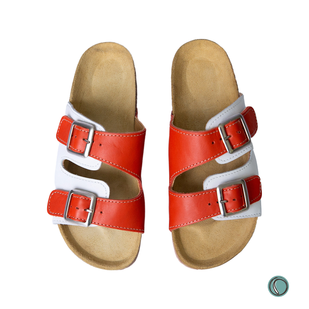 Kenton Sandals | Orange & White | Slip-On | Leather, Cork, Buckles | Adjustable Straps | MADE TO ORDER