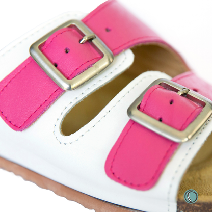 Kenton Sandals | Pink & White | Slip-On | Leather, Cork, Buckles | Adjustable Straps | MADE TO ORDER