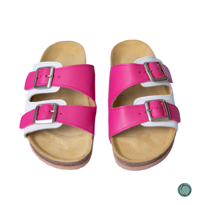 Kenton Sandals | Pink & White | Slip-On | Leather, Cork, Buckles | Adjustable Straps | MADE TO ORDER