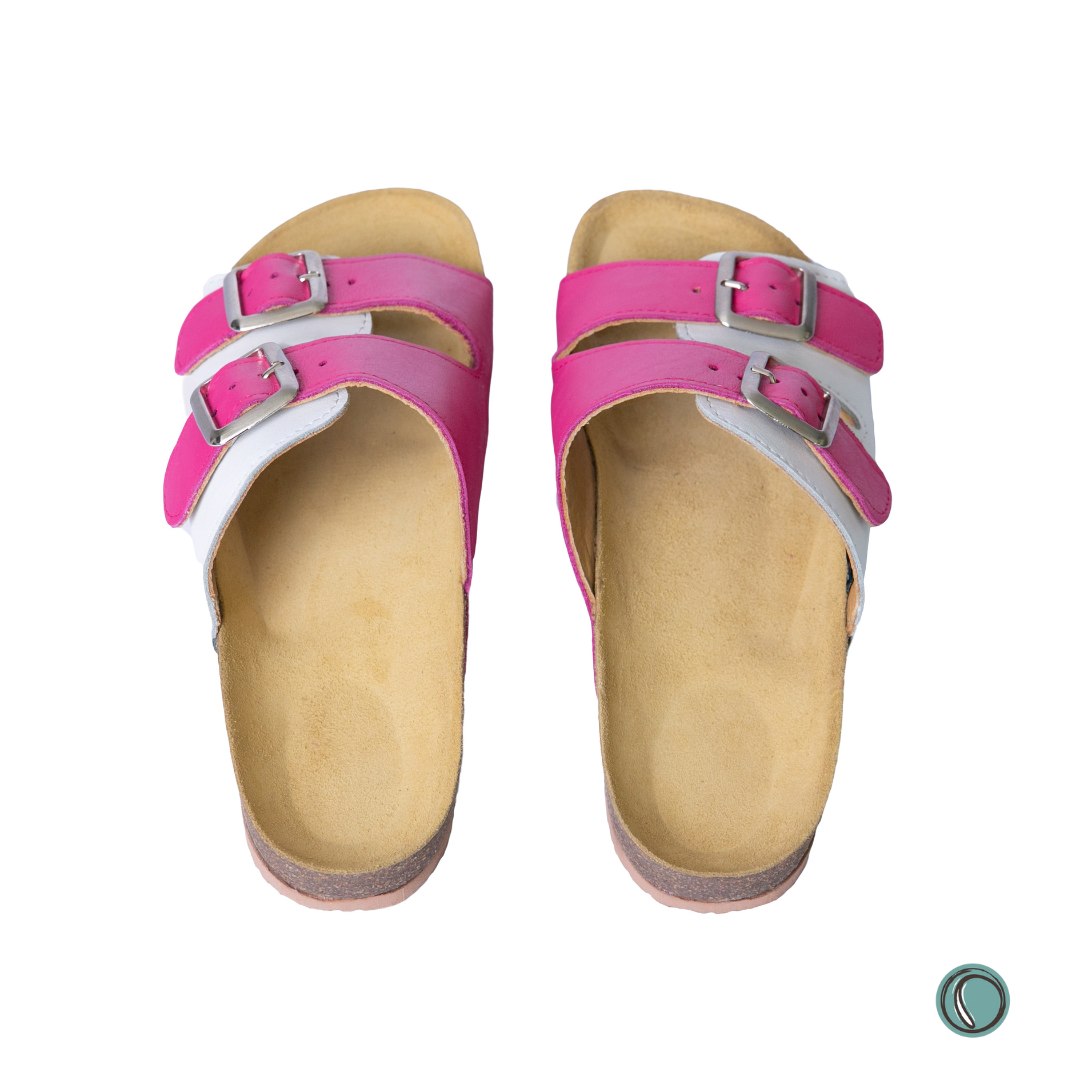 Kenton Sandals | Pink & White | Slip-On | Leather, Cork, Buckles | Adjustable Straps | MADE TO ORDER
