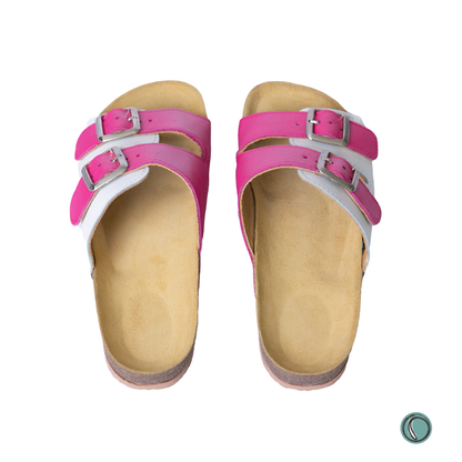 Kenton Sandals | Pink & White | Slip-On | Leather, Cork, Buckles | Adjustable Straps | MADE TO ORDER