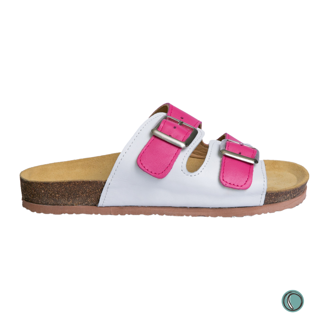 Kenton Sandals | Pink & White | Slip-On | Leather, Cork, Buckles | Adjustable Straps | MADE TO ORDER