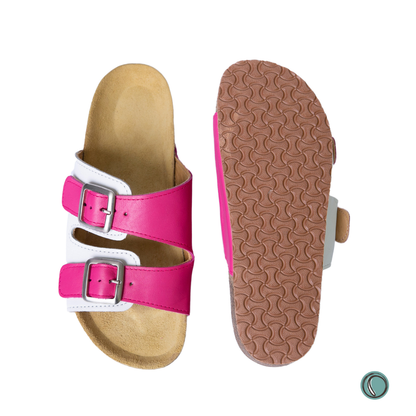 Kenton Sandals | Pink & White | Slip-On | Leather, Cork, Buckles | Adjustable Straps | MADE TO ORDER