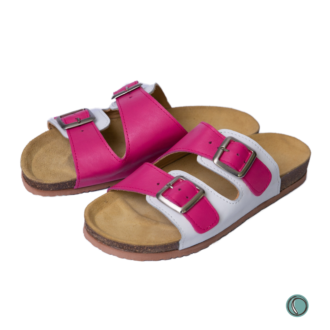 Kenton Sandals | Pink & White | Slip-On | Leather, Cork, Buckles | Adjustable Straps | MADE TO ORDER
