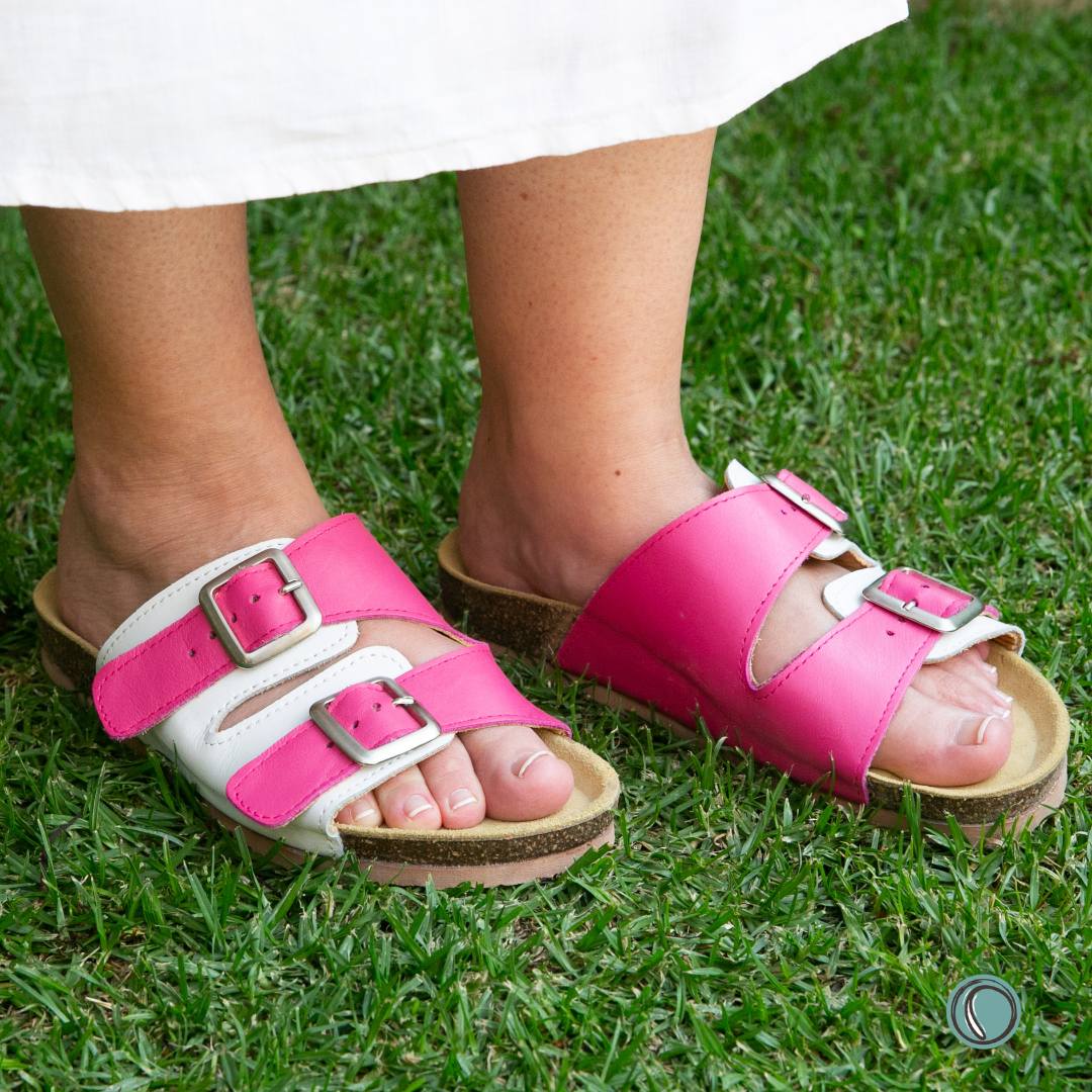 Kenton Sandals | Pink & White | Slip-On | Leather, Cork, Buckles | Adjustable Straps | MADE TO ORDER