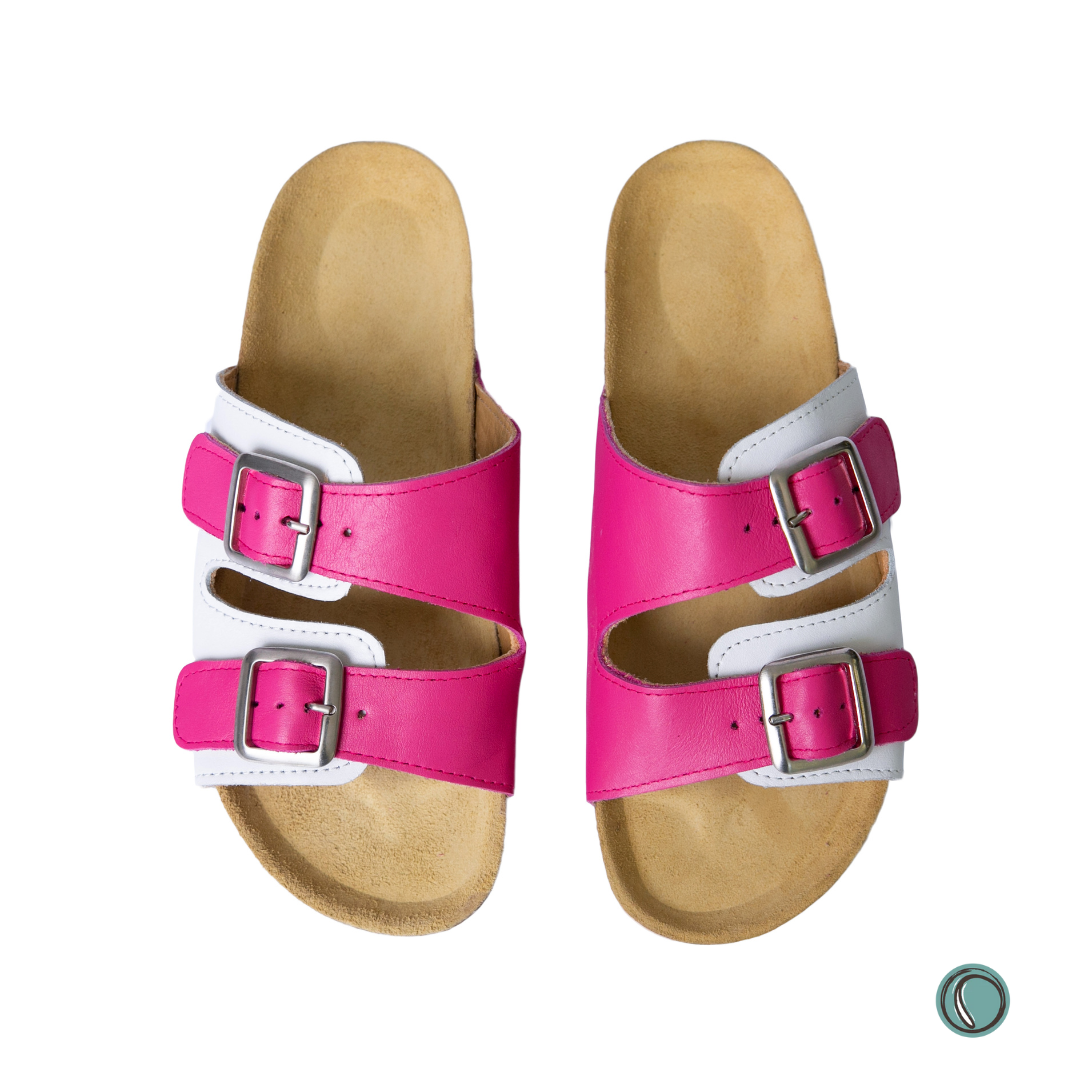 Kenton Sandals | Pink & White | Slip-On | Leather, Cork, Buckles | Adjustable Straps | MADE TO ORDER