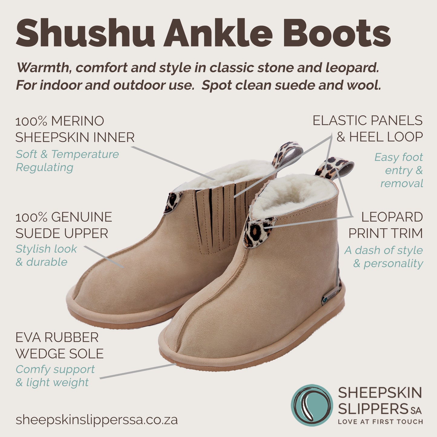 Shushu Ankle Boots | Stone & Leopard | Sheepskin & Suede