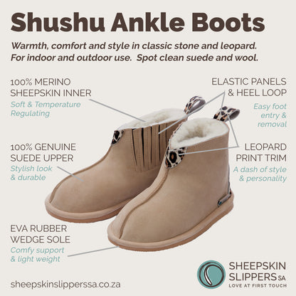 Shushu Ankle Boots | Stone & Leopard | Sheepskin & Suede