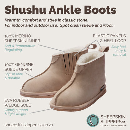 Shushu Ankle Boots | Stone | Sheepskin & Suede