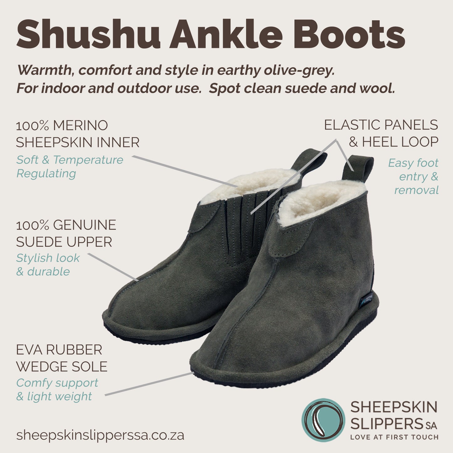 Shushu Ankle Boots | Olive-Grey | Sheepskin & Suede | MADE TO ORDER