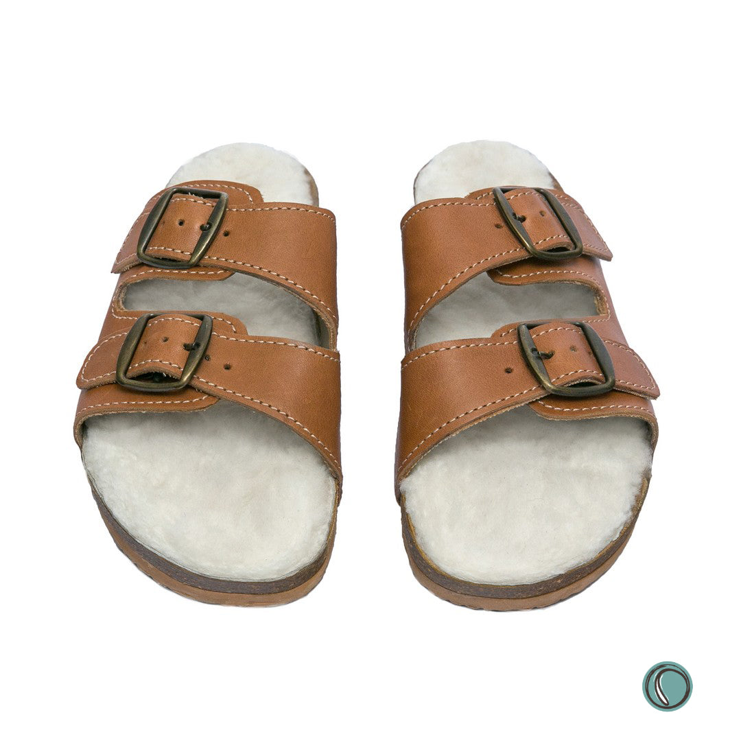 Flockie Sheepskin Sandals | Slip-On | Toffee | Sheepskin, Leather, Cork, Buckles | MADE TO ORDER
