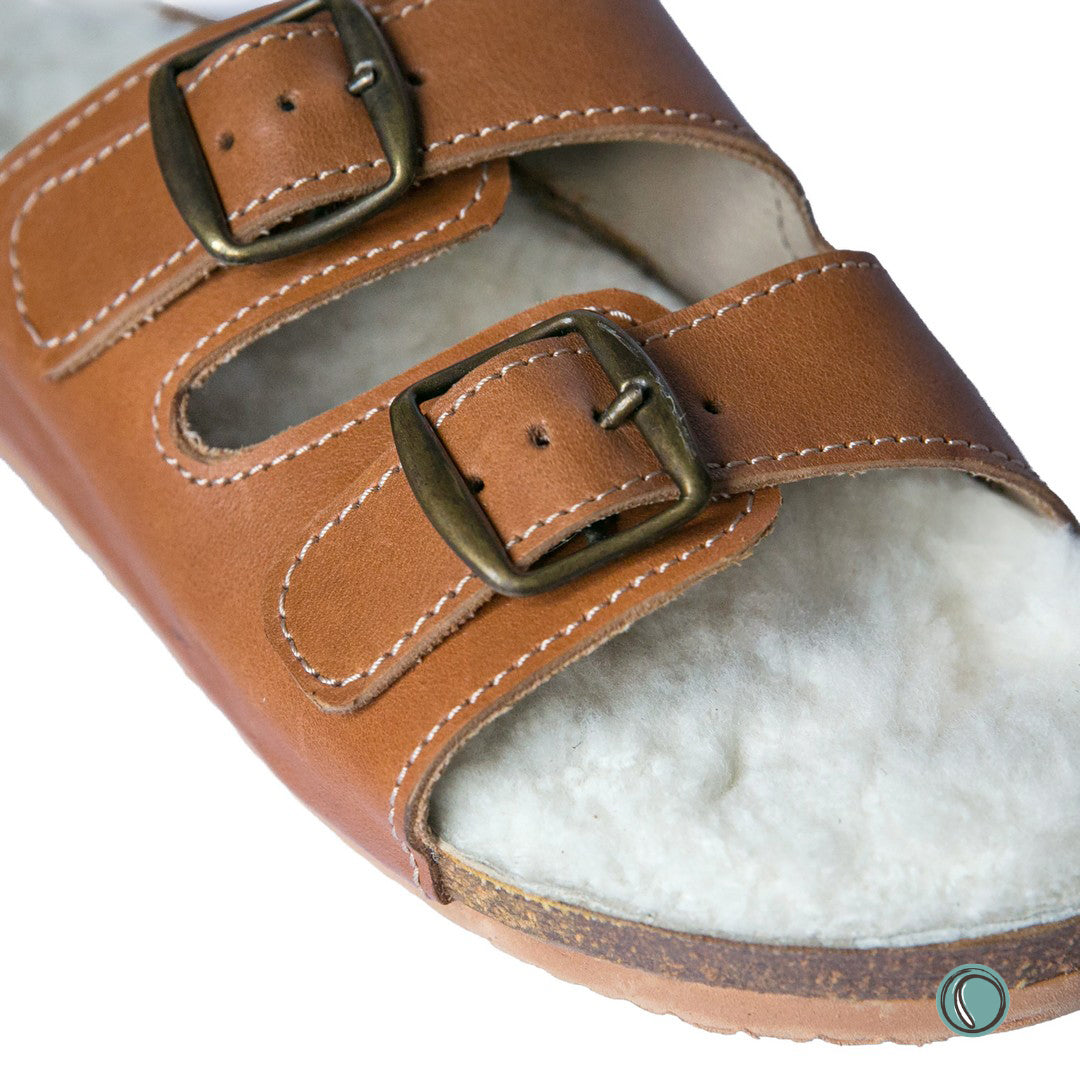 Flockie Sheepskin Sandals | Slip-On | Toffee | Sheepskin, Leather, Cork, Buckles | MADE TO ORDER