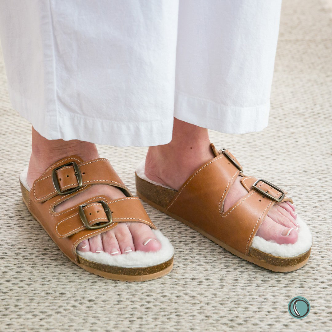 Flockie Sheepskin Sandals | Slip-On | Toffee | Sheepskin, Leather, Cork, Buckles | MADE TO ORDER