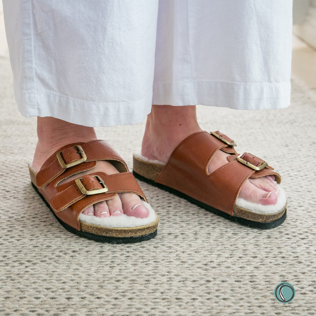Flockie Sheepskin Sandals | Slip-On | Gingerbread | Sheepskin, Leather, Cork, Buckles | MADE TO ORDER