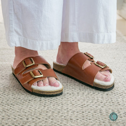 Flockie Sheepskin Sandals | Slip-On | Gingerbread | Sheepskin, Leather, Cork, Buckles | MADE TO ORDER