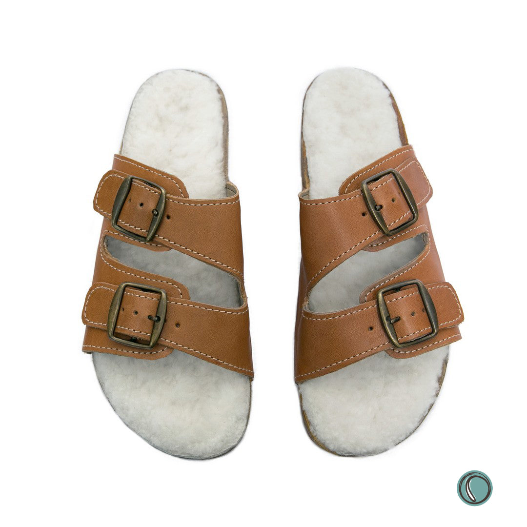 Flockie Sheepskin Sandals | Slip-On | Toffee | Sheepskin, Leather, Cork, Buckles | MADE TO ORDER