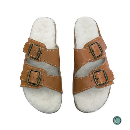 Flockie Sheepskin Sandals | Slip-On | Toffee | Sheepskin, Leather, Cork, Buckles | MADE TO ORDER