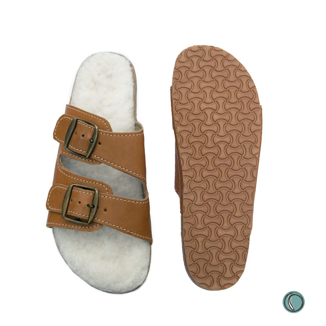 Flockie Sheepskin Sandals | Slip-On | Toffee | Sheepskin, Leather, Cork, Buckles | MADE TO ORDER
