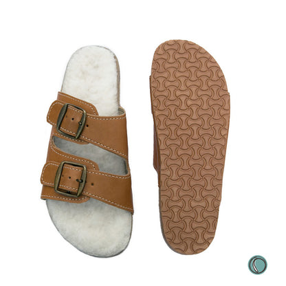 Flockie Sheepskin Sandals | Slip-On | Toffee | Sheepskin, Leather, Cork, Buckles | MADE TO ORDER