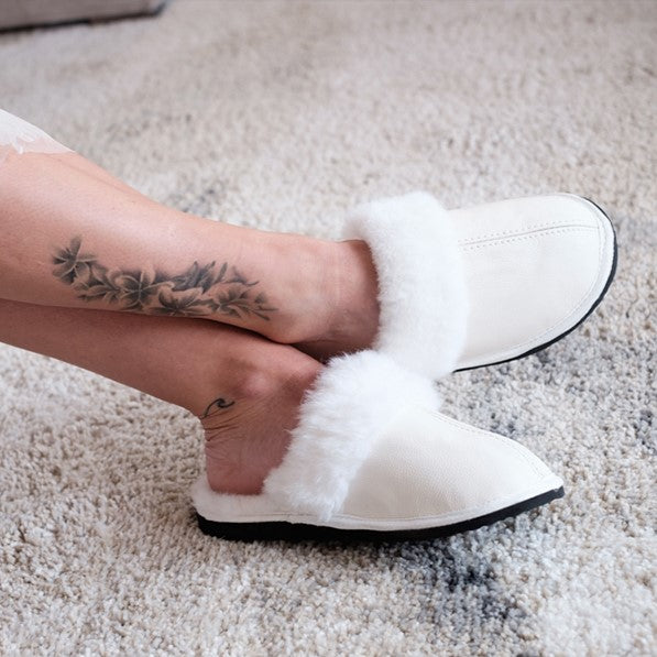 White fluffy mule slippers sale