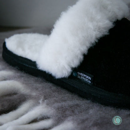 Mule Wool Collar Slippers | Slip-On | Black | Suede & Sheepskin | MADE TO ORDER