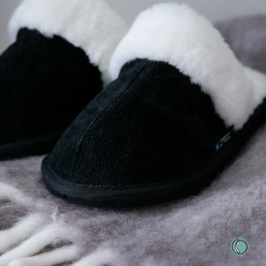 Mule Wool Collar Slippers | Slip-On | Black | Suede & Sheepskin | MADE TO ORDER