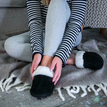 Mule Wool Collar Slippers | Slip-On | Black | Suede & Sheepskin | MADE TO ORDER