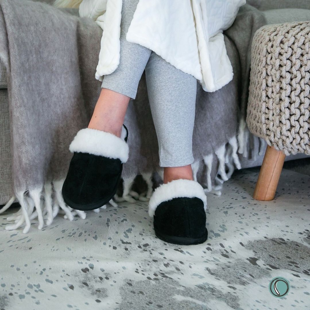 Mule Wool Collar Slippers | Slip-On | Black | Suede & Sheepskin | MADE TO ORDER