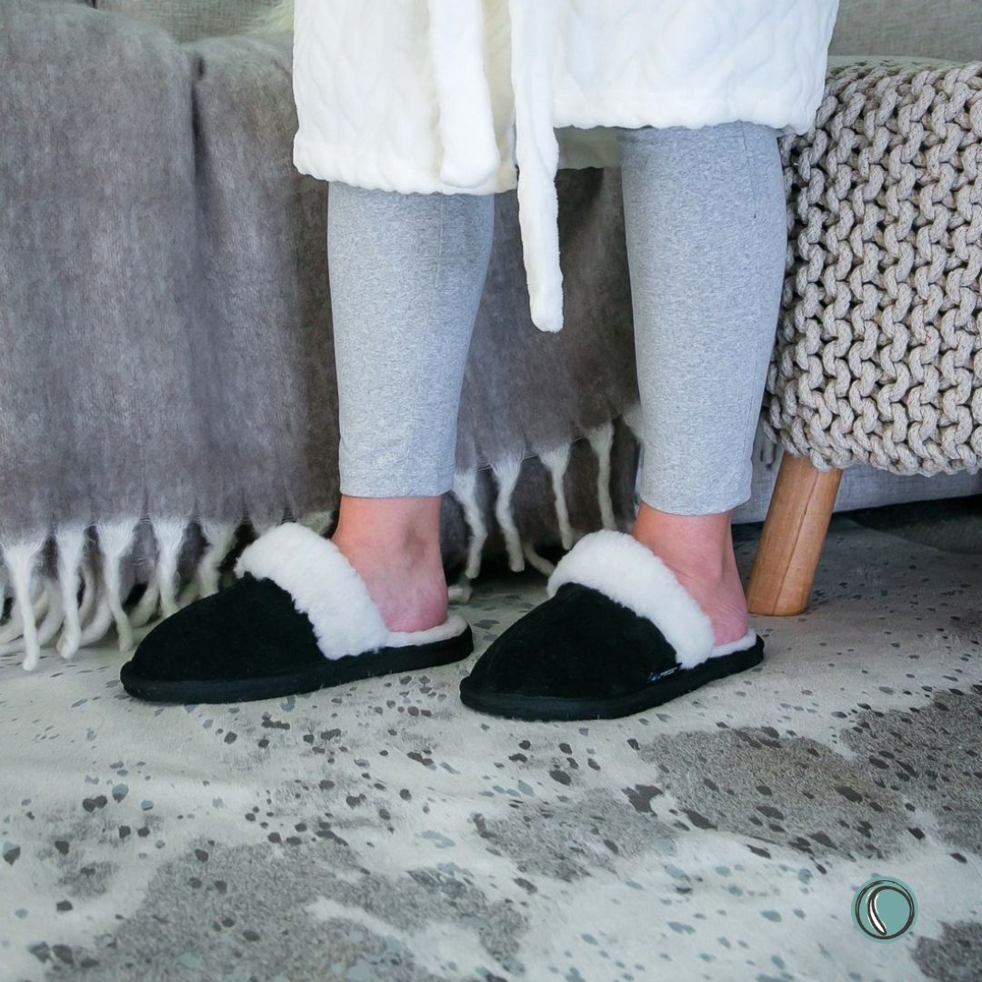Mule Wool Collar Slippers | Slip-On | Black | Suede & Sheepskin | MADE TO ORDER