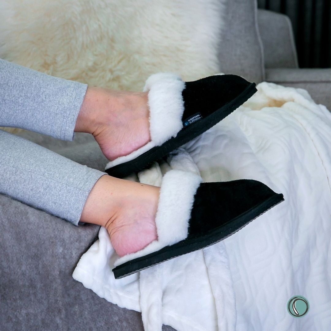Mule Wool Collar Slippers | Slip-On | Black | Suede & Sheepskin | MADE TO ORDER