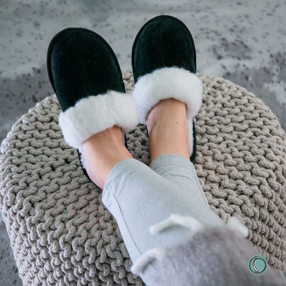Mule Wool Collar Slippers | Slip-On | Black | Suede & Sheepskin | MADE TO ORDER