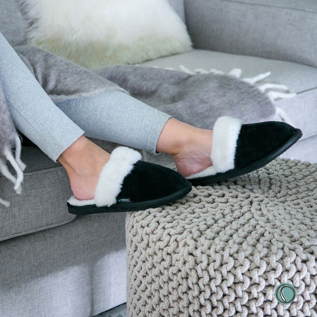 Mule Wool Collar Slippers | Slip-On | Black | Suede & Sheepskin | MADE TO ORDER