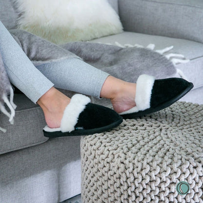 Mule Wool Collar Slippers | Slip-On | Black | Suede & Sheepskin | MADE TO ORDER