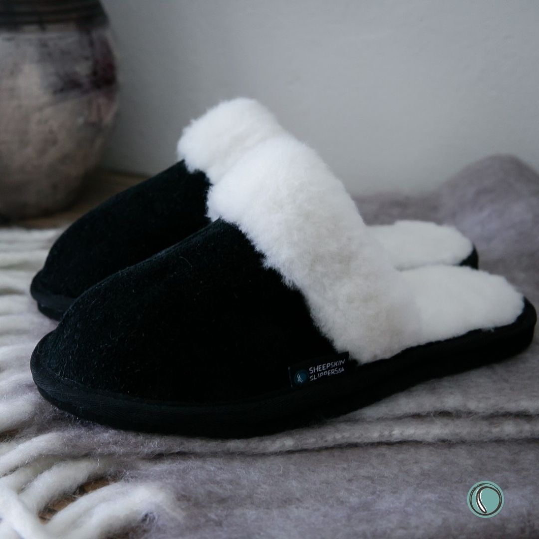 Mule Wool Collar Slippers | Slip-On | Black | Suede & Sheepskin | MADE TO ORDER