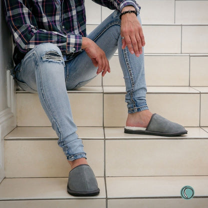 Mule Binding Collar Slippers | Slip-On | Charcoal | Suede & Sheepskin