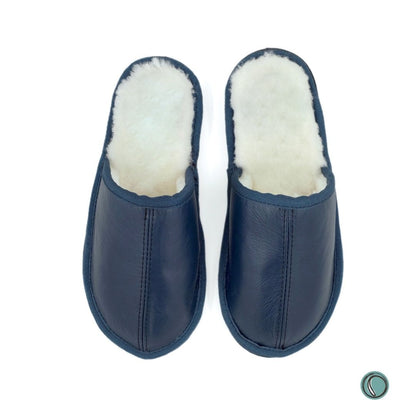 Mule Binding Collar Slippers | Slip-On | Navy Blue | Leather & Sheepskin