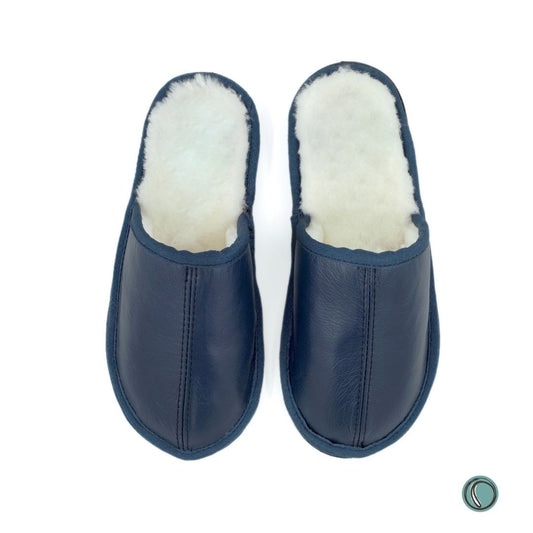 Mule Binding Collar Slippers | Slip-On | Navy Blue | Leather & Sheepskin