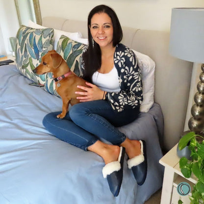 Mule Wool Collar Slippers | Slip-On | Navy Blue | Leather & Sheepskin | MADE TO ORDER