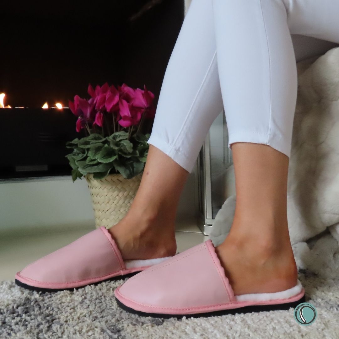 Mule Binding Collar Slippers | Slip-On | Rosy Pink | Leather & Sheepskin