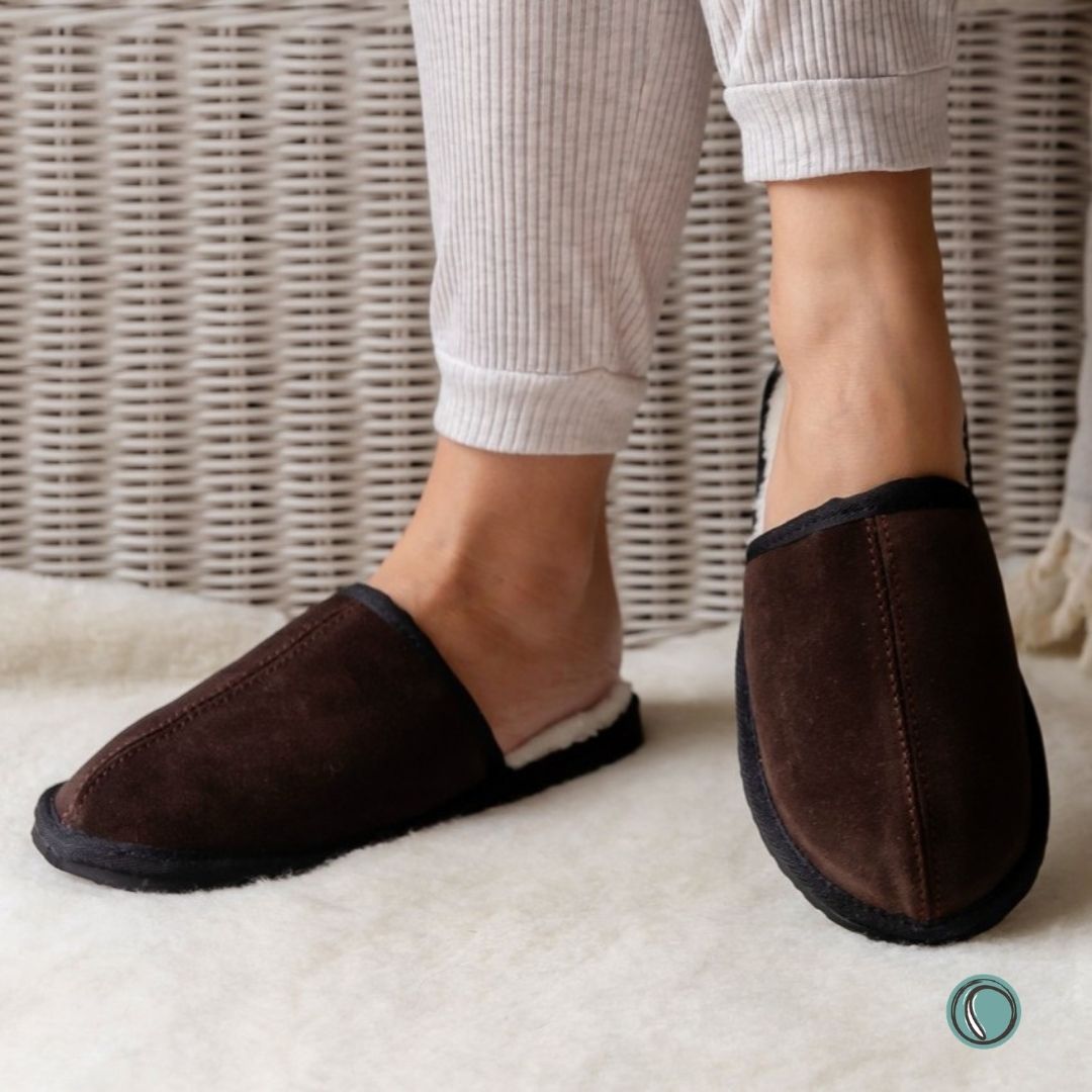 Mule Binding Collar Slippers | Slip-On | Chocolate | Suede & Sheepskin
