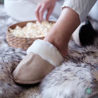 Mule Wool Collar Slippers | Slip-On | Stone | Suede & Sheepskin