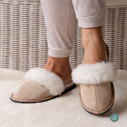 Mule Wool Collar Slippers | Slip-On | Stone | Suede & Sheepskin