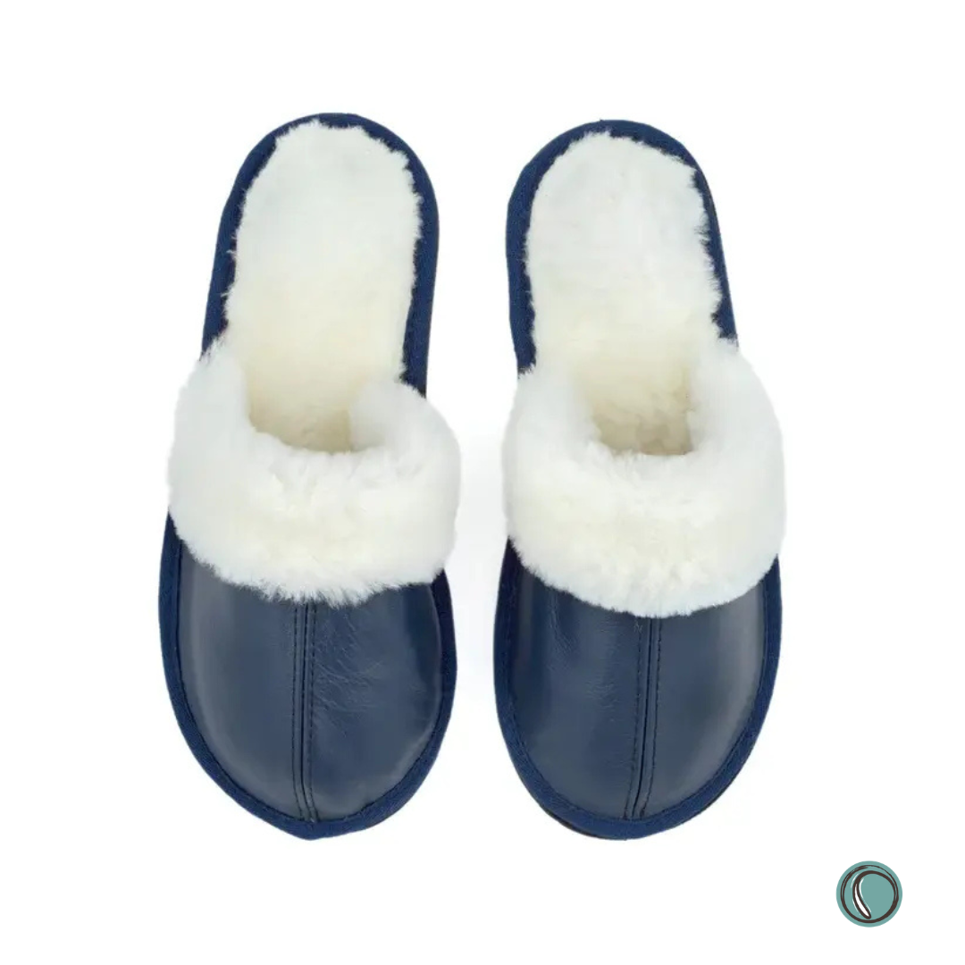Mule Wool Collar Slippers | Slip-On | Navy Blue | Leather & Sheepskin | MADE TO ORDER