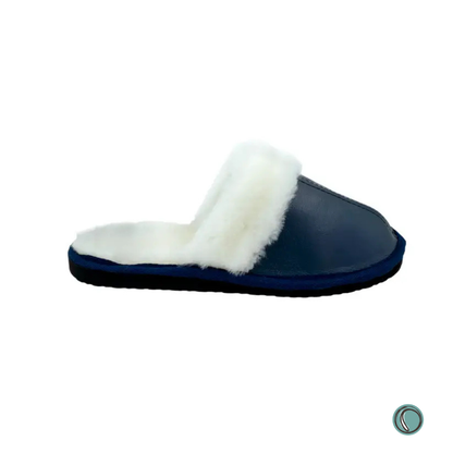 Mule Wool Collar Slippers | Slip-On | Navy Blue | Leather & Sheepskin | MADE TO ORDER