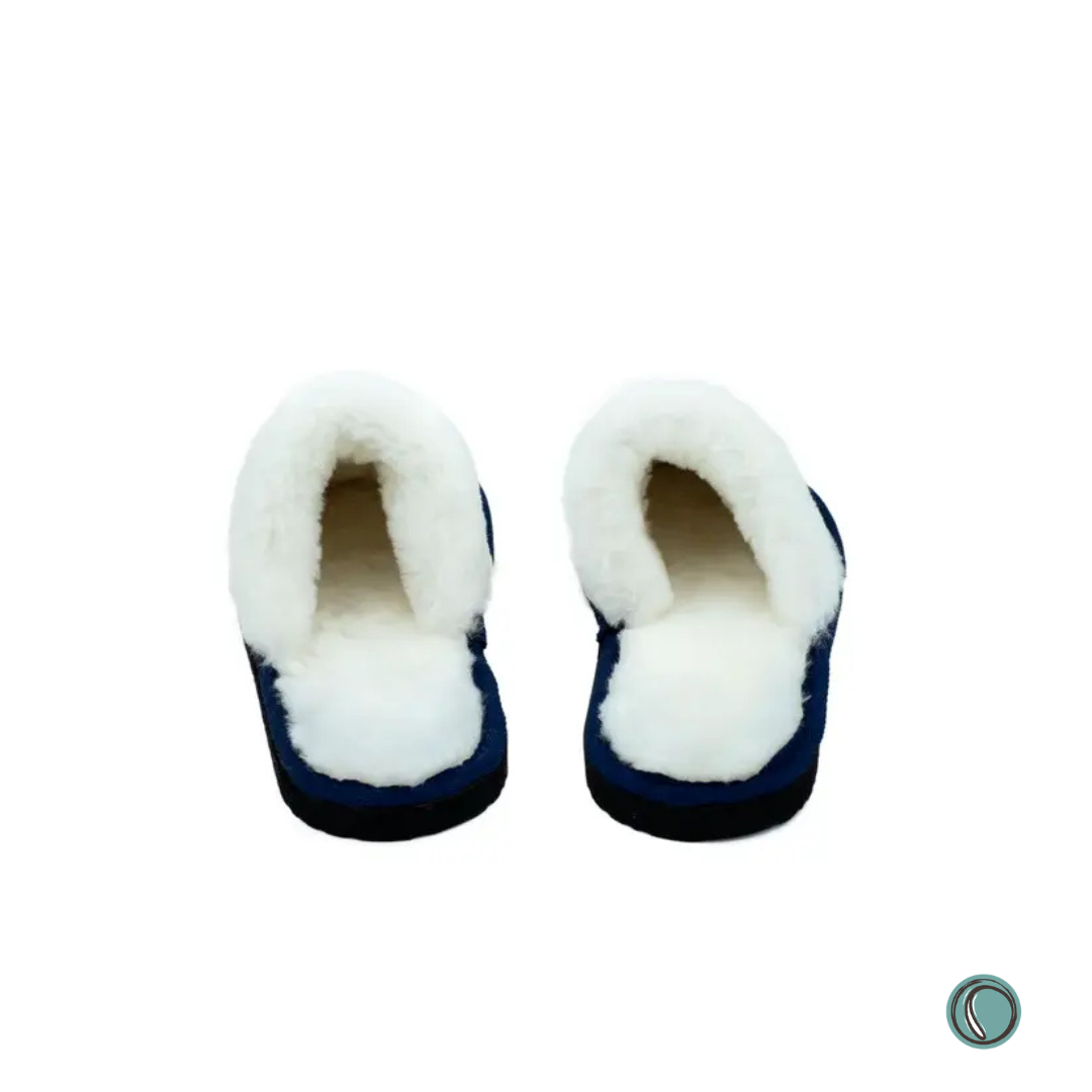 Mule Wool Collar Slippers | Slip-On | Navy Blue | Leather & Sheepskin | MADE TO ORDER