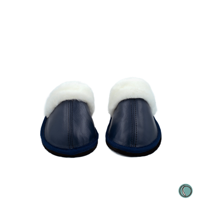 Mule Wool Collar Slippers | Slip-On | Navy Blue | Leather & Sheepskin | MADE TO ORDER