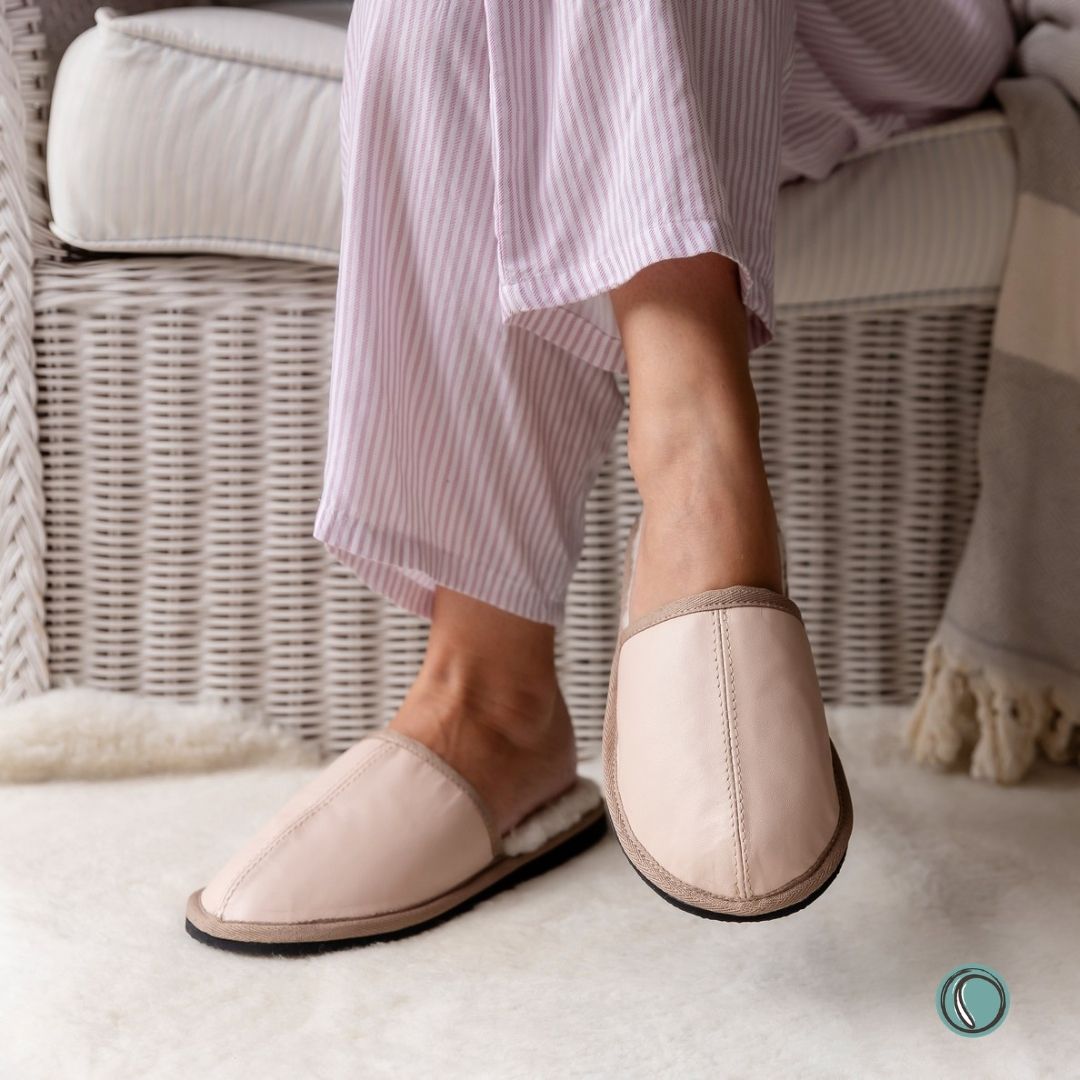 Mule Binding Collar Slippers | Slip-On | Ballet Pink | Leather & Sheepskin