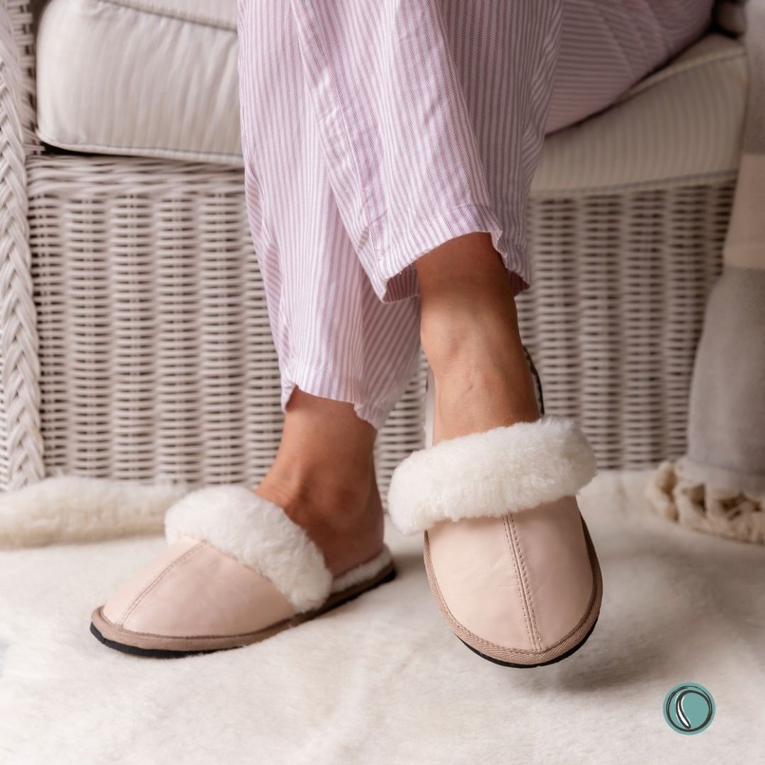 Mule Wool Collar Slipper | Slip-On | Ballet Pink | Leather & Sheepskin